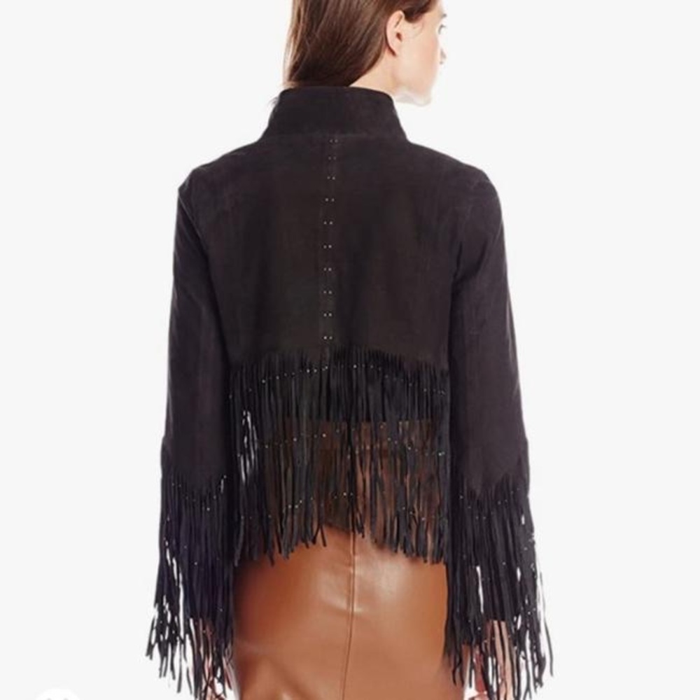 Rebecca Minkoff
Women's Black Crescent Fringe-detail Leather Jacket